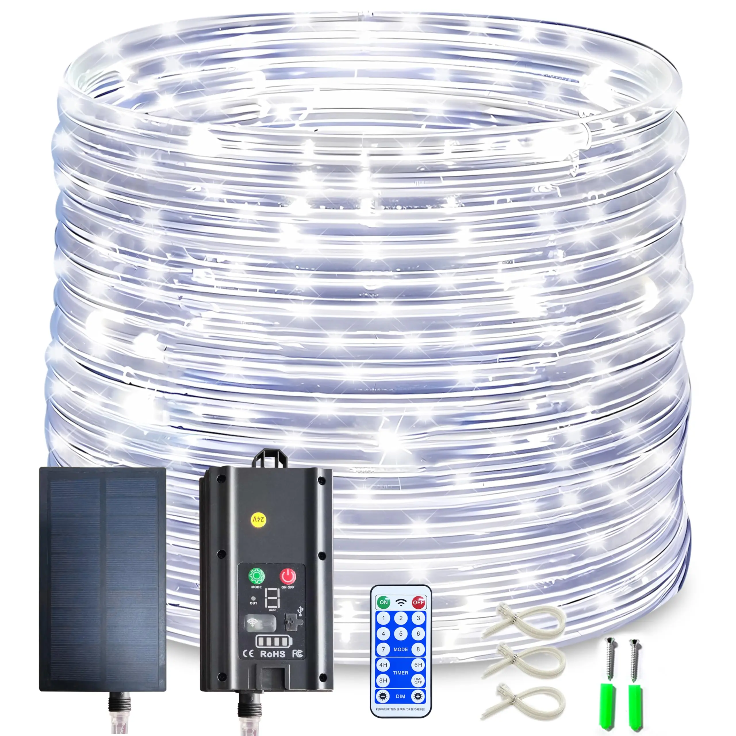 Impermeável Solar Rope Lights com painel solar, 8 modos, 200,300,600,1000,1500 LED, branco, quente, Multicolor, azul