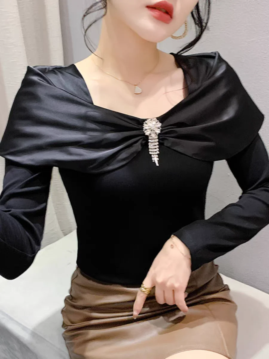 Spring Fashion Cotton T-shirt Women Patched Diamonds Square Collar Full Sleeve High Stretch Slim T Shirts Female Autumn Tops