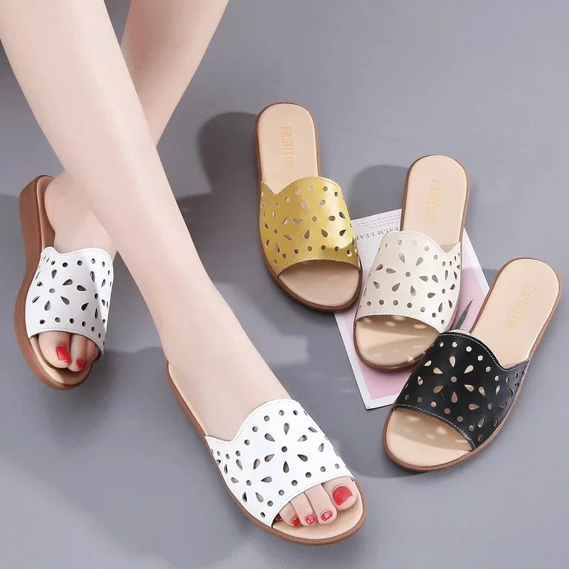 TIMETANGGenuine Leather Flat Slippers for Women Casual Beach Slippers Non-slip Summer Sandals Hollow Out Fashion Soft ShoesWoman