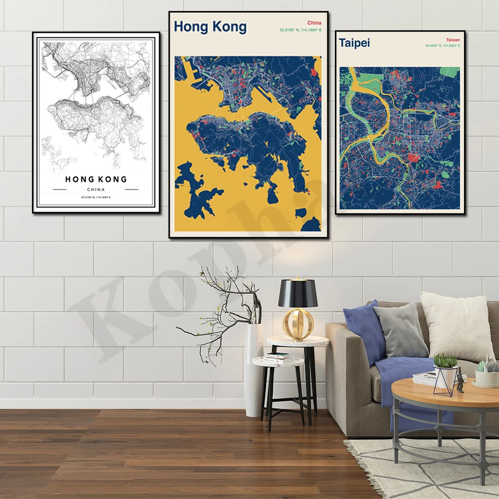 Hongkong. Taipei, Taiwan. City Color Map Art Wall Decor Poster