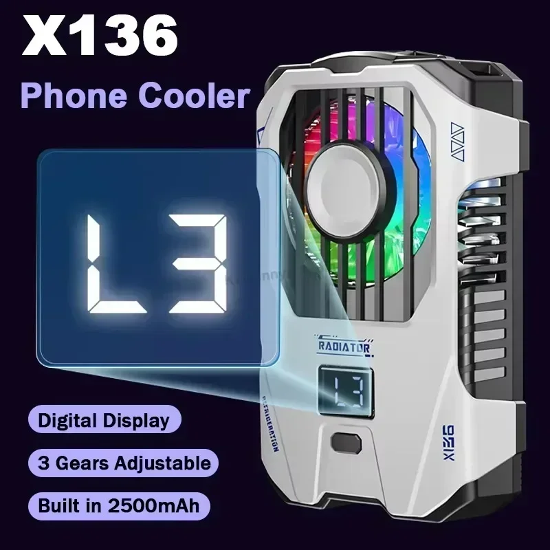 

X136 2500mAH Mobile Phone Cooler 3 Gear Adjustable Digital Display Back Clip Semiconductor Cooling Fan Radiator for IOS Android