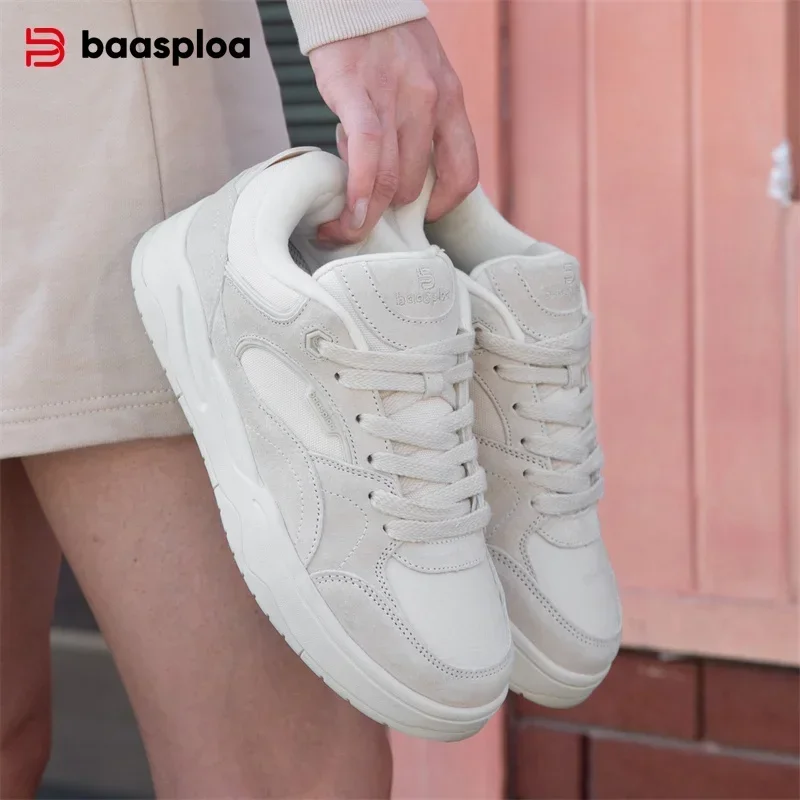 Baasploa Women Walking Shoes Comfort New Leather Casual Sneakers Female New Fashion Skateboarding Shoes Non-Slip Height Increase