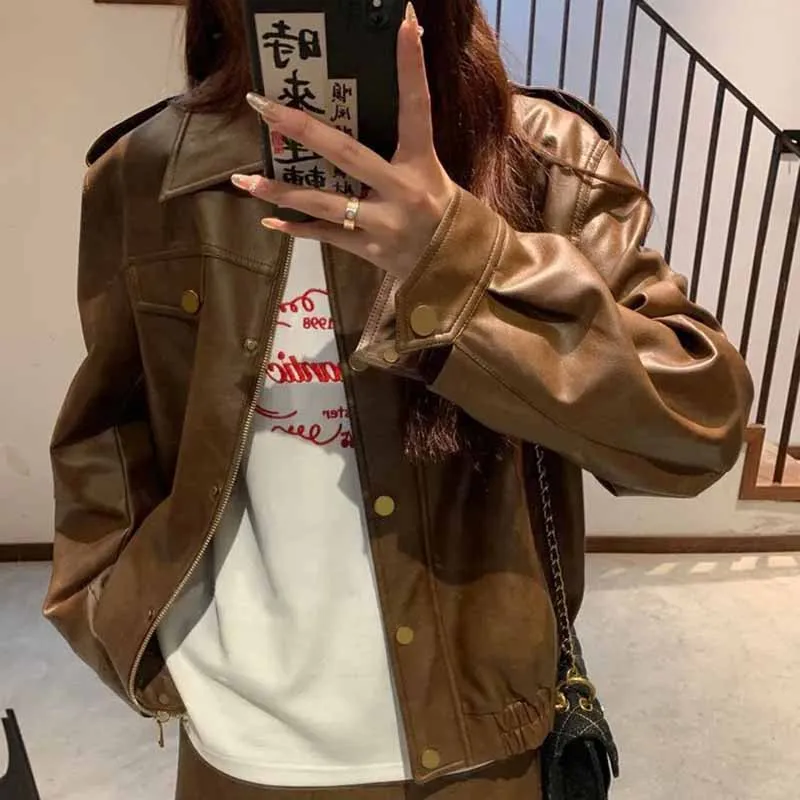 Women Autumn New Top Grade American Style Leather Jacket Coat Female Fashion Versatile Loose Fit Locomotive Short Leather Jacket