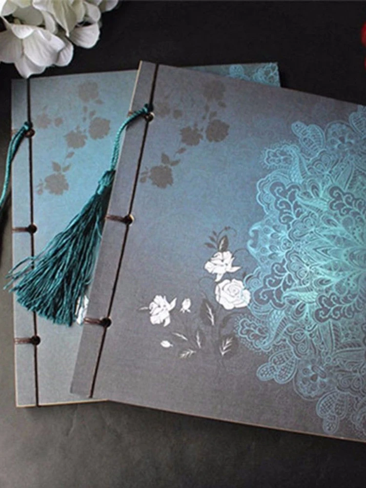 Chinese Style Blue Rose Diary Notebook Tassel Stationery Retro Flower Sketch Book Diary Blank Notebook