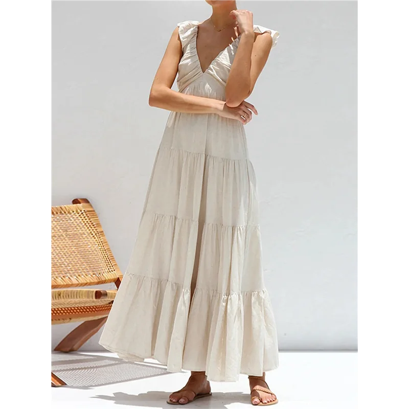 AG-Abito lungo fluido estivo da donna, casual, senza maniche, con scollo a V, smock, prendisole da spiaggia