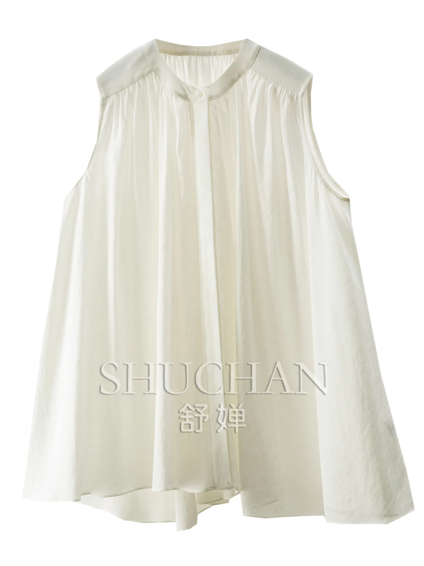 White and Complexion-enhancing Tank Top Linen Denim Stand-up Collar Sleeveless Doll Light Shirt Women's 12X2