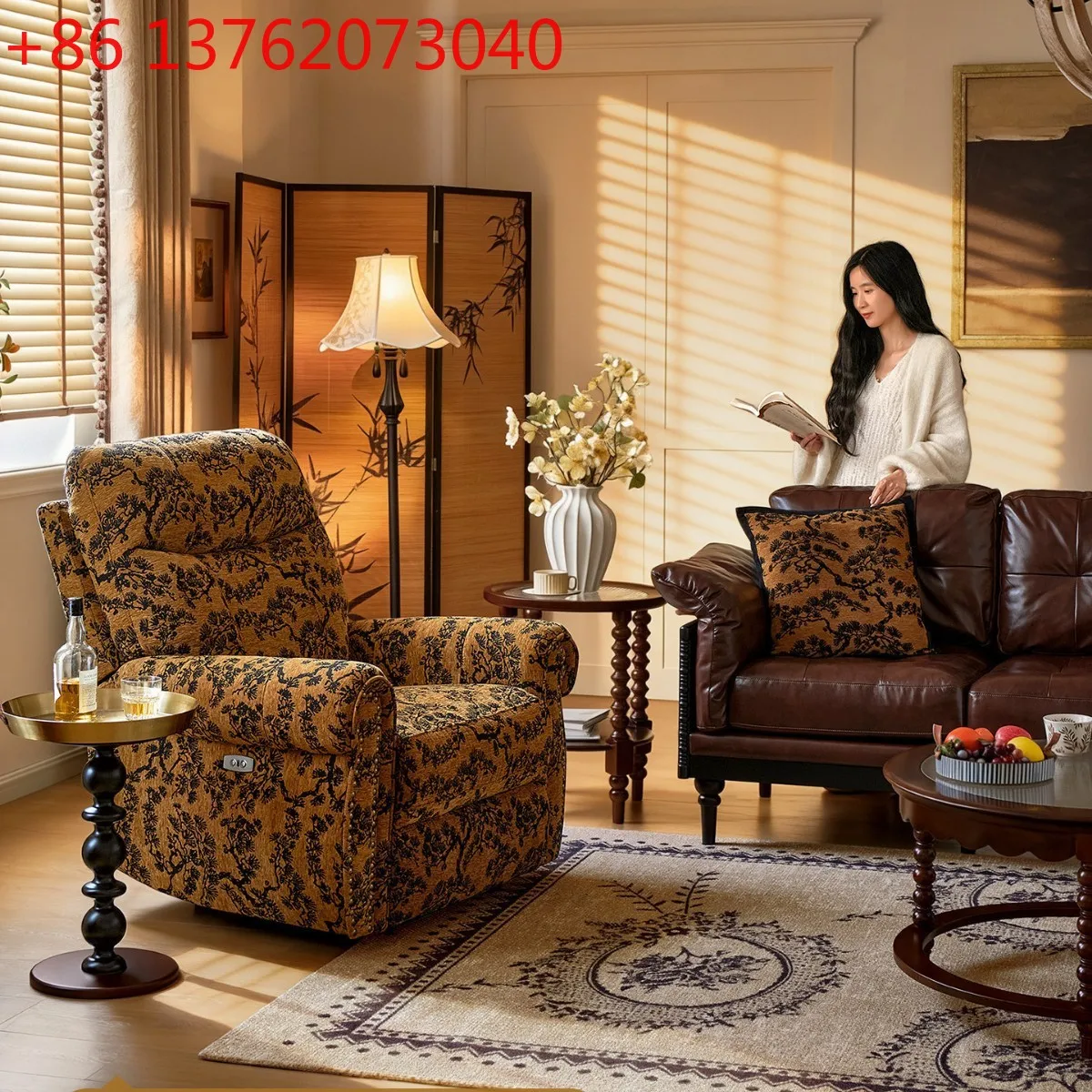 

French Adjustable Chaise Chair Vintage Home Living Room Balcony Chenille Fabric Single Function Sofa