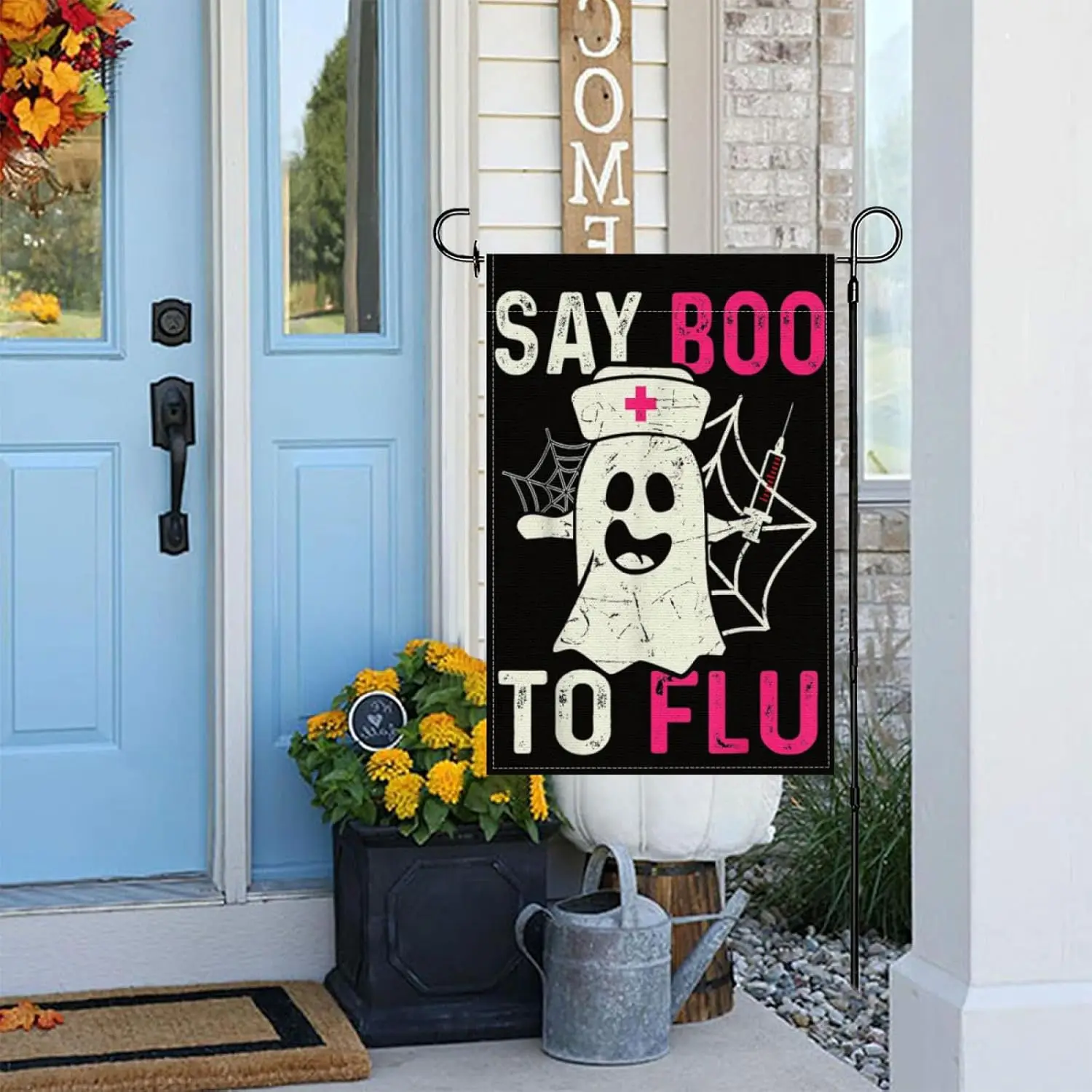 Retro Nurse Ghost Halloween Vaccine Say Boo to The Flu Garden Flags,Yard Flag Tapestry Decorative for Holiday Outdoor Decor  IIK