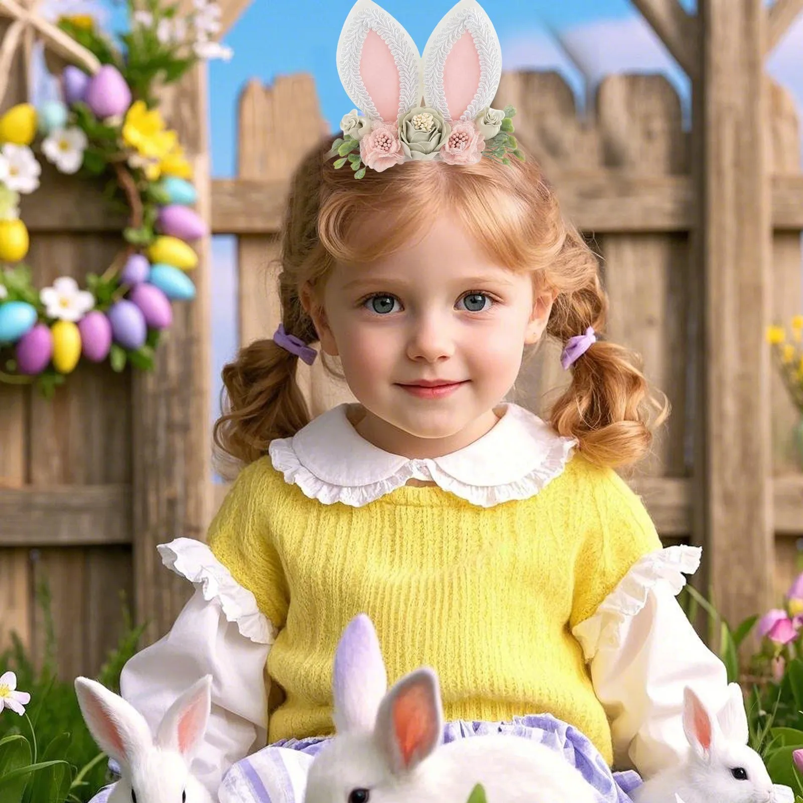 Squiggle Clip Bunny Rose Ears عيد الفصح عصابات الرأس للفتيات الصغيرات زهرة تاج الربيع عصابات الرأس مقاطع كبيرة #6