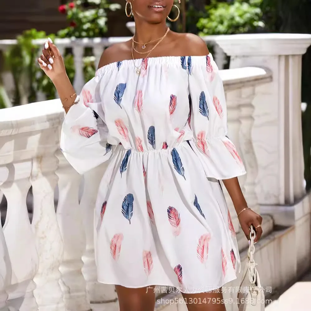 

Women Dress Short Dresses Print Casual Vestidos Off Shoulder Elegant Splice Summer Slim Fit Regular Half Sleeve Tight High Waist