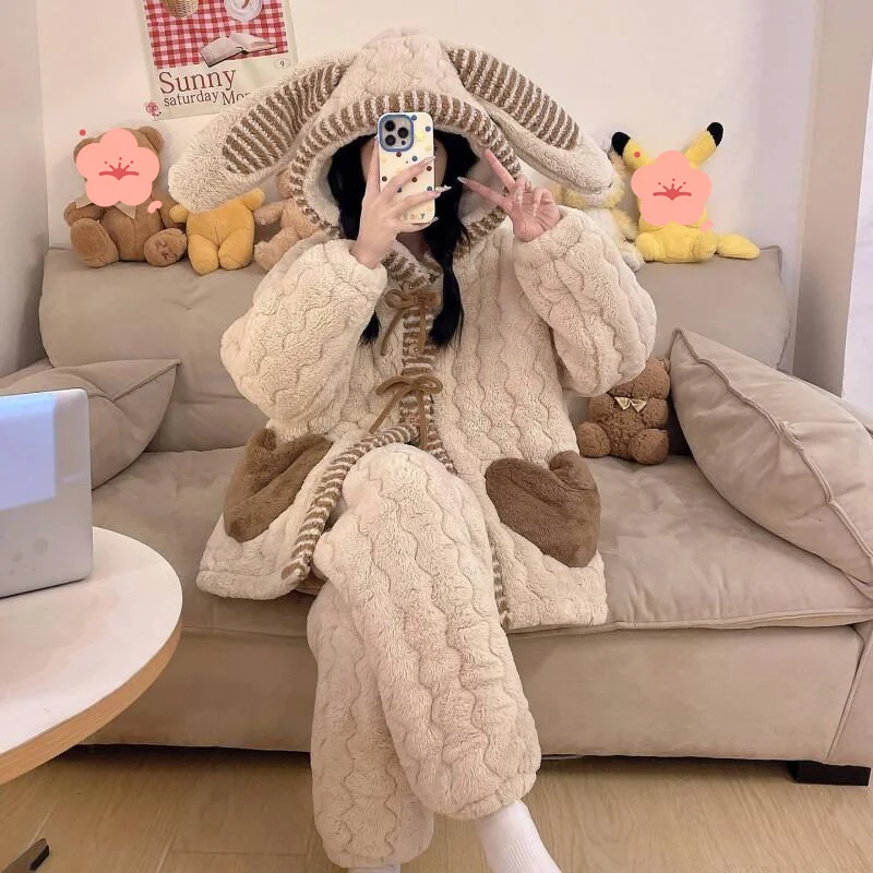 

Women's pajamas Comfortable Sleepwear Cotton Pajama Set winter autumn Quilted High Quality Rabbit Coral Fleece Thick Home Suit