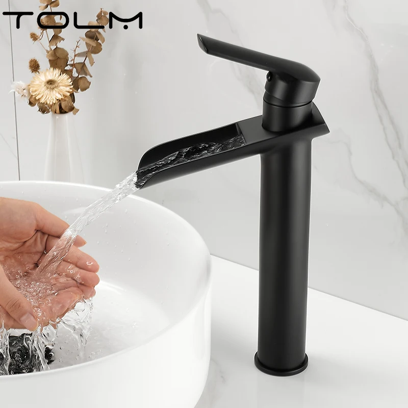 TOLM Black/Chrome Bathroom Basin Faucet Hot Cold Mixer Brass Tap Deck Mount Single Handle Waterfall Chrome Polished Wash Faucets