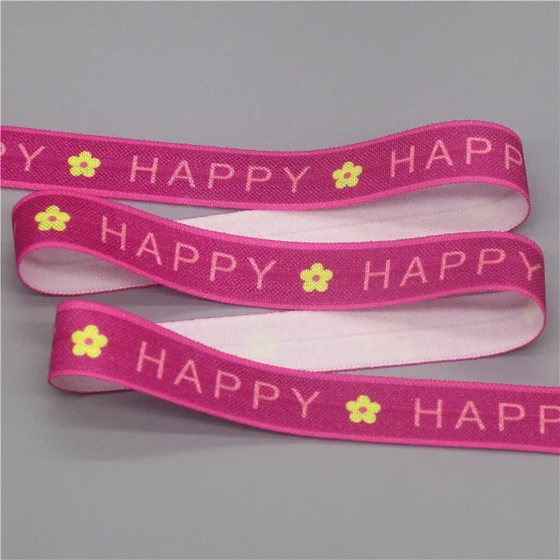 DHK 5/8\'\' 5yards Love Sister Life Happy Printed Fold Elastic FOE Stretch Ribbon Decorations Craft DIY Sewing E2118