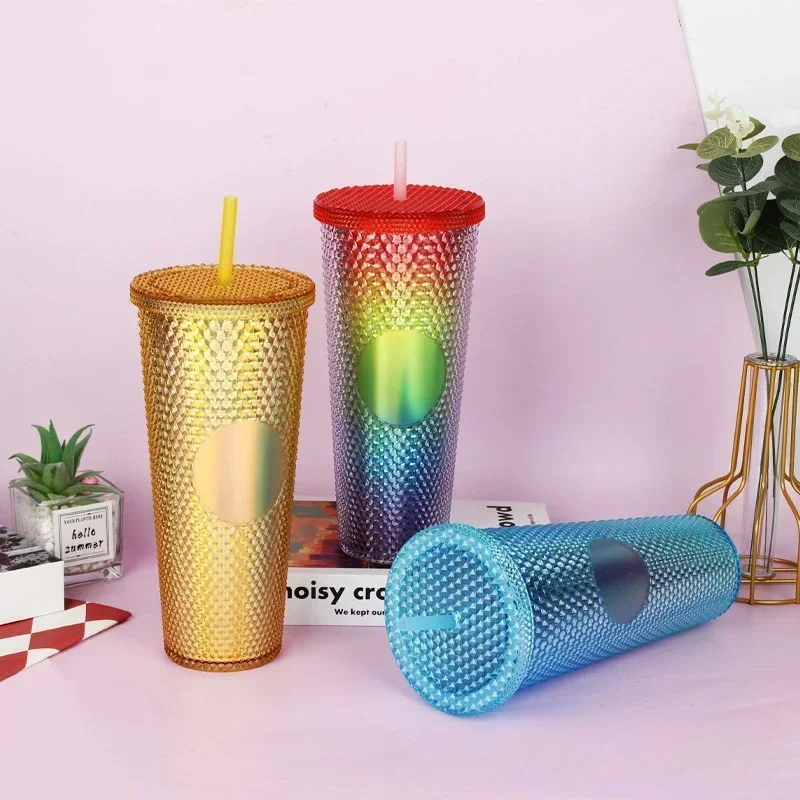 710ml Plastic Straw Cup Drinking Cup Double-Walled Rhinestone Rivet Cup Large Capacity Travel Mug for Home Outdoor Water Bottles