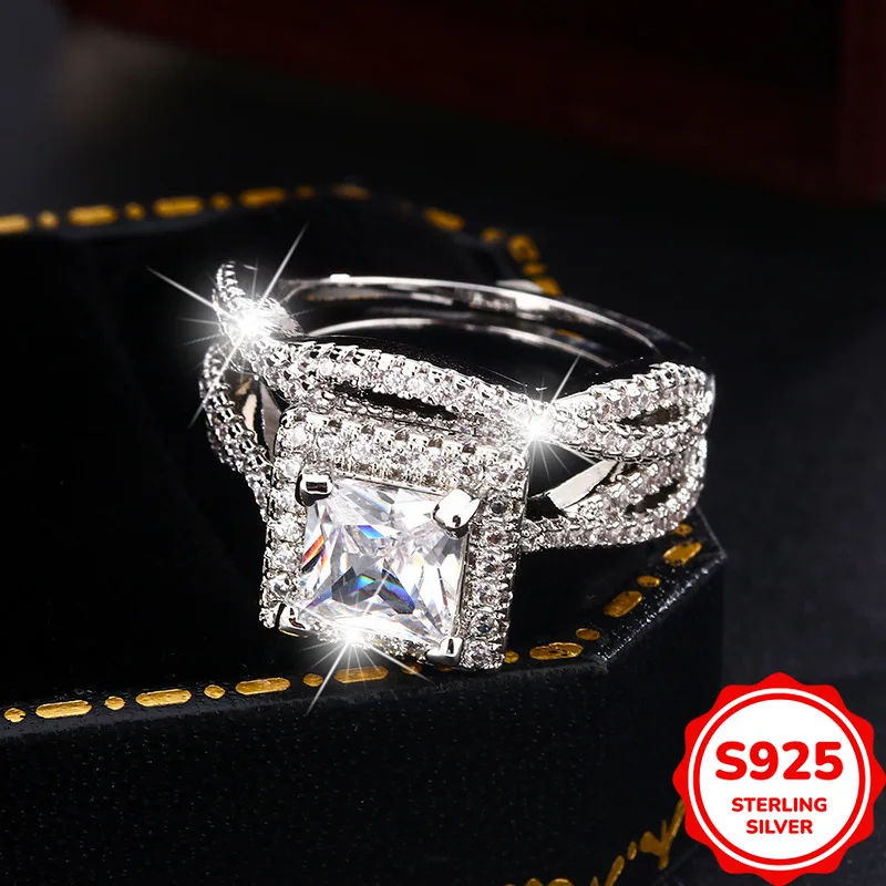Light Luxury Personalized Genuine S925 Silver Square Cross Hollow Full Diamond Double Layer Stacked Wedding Ring