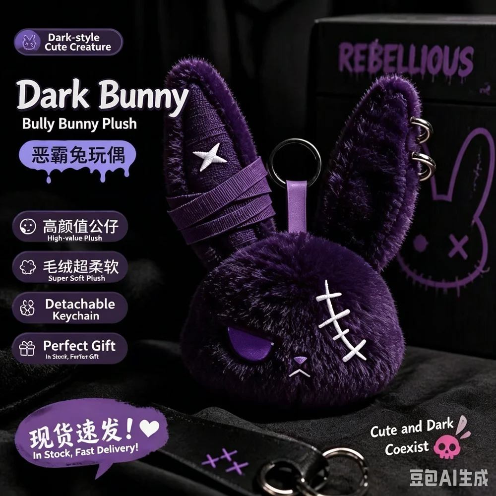 Gothic Bunny Plush Keychain RabbitBag Charm with Bandage Desian Kawaii Key Ring Pendant Car Bag Ornament Girl Child Gift To