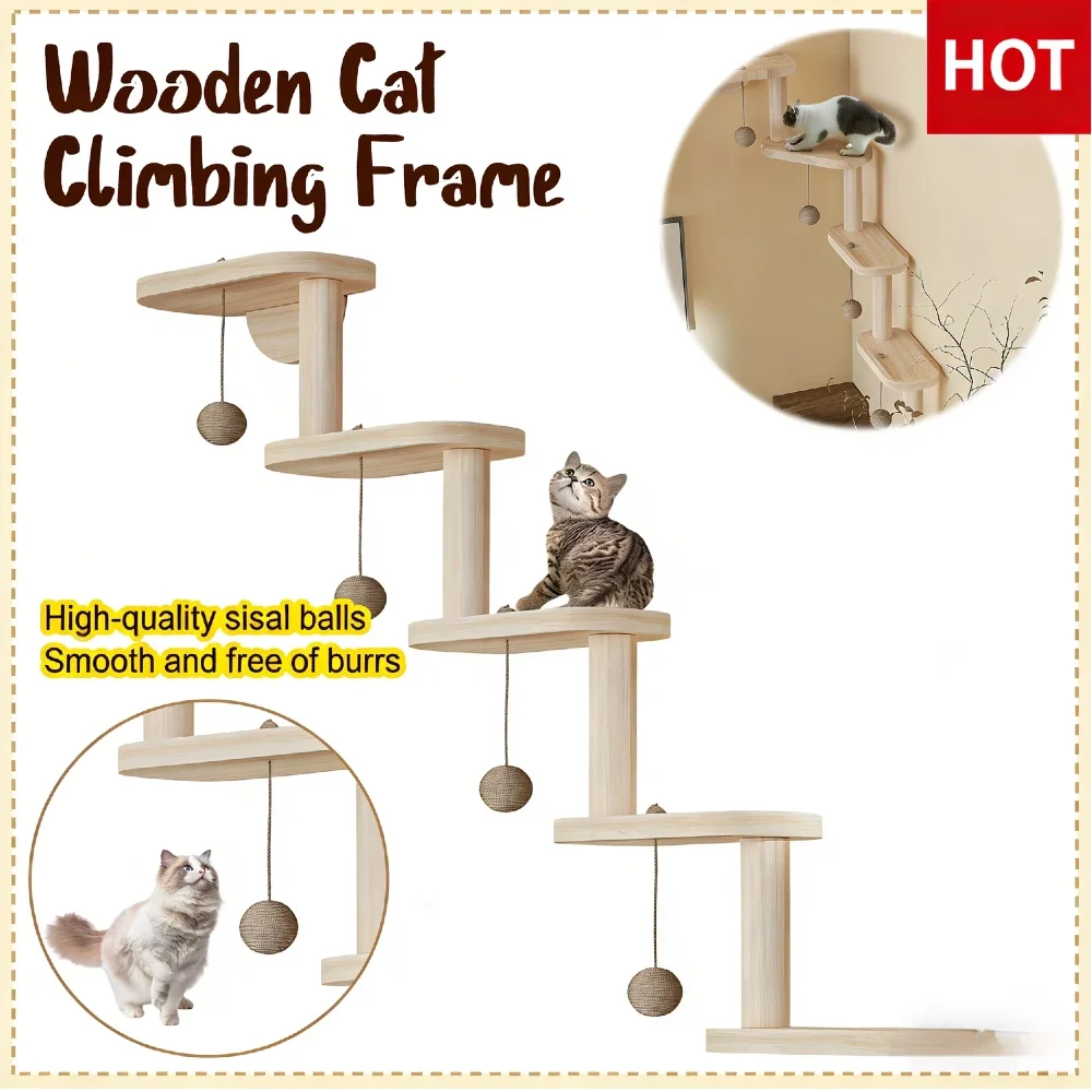 

5 Step Wooden Cat Ladder Frame Wall Mounted Climbing Shelf Corner Cat Furniture Sturdy 12kg Load for Cats Playing Sleeping Climb