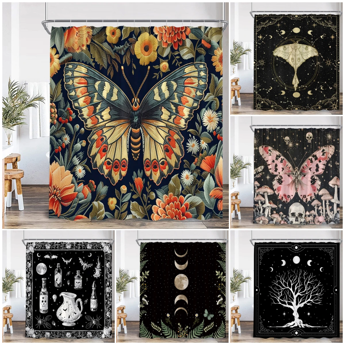 Psychedelic Butterfly Vintage Shower Curtain Astrology Witch Wizard Pharmacist Flower Bathroom Decor Polyester Bathtub Curtain