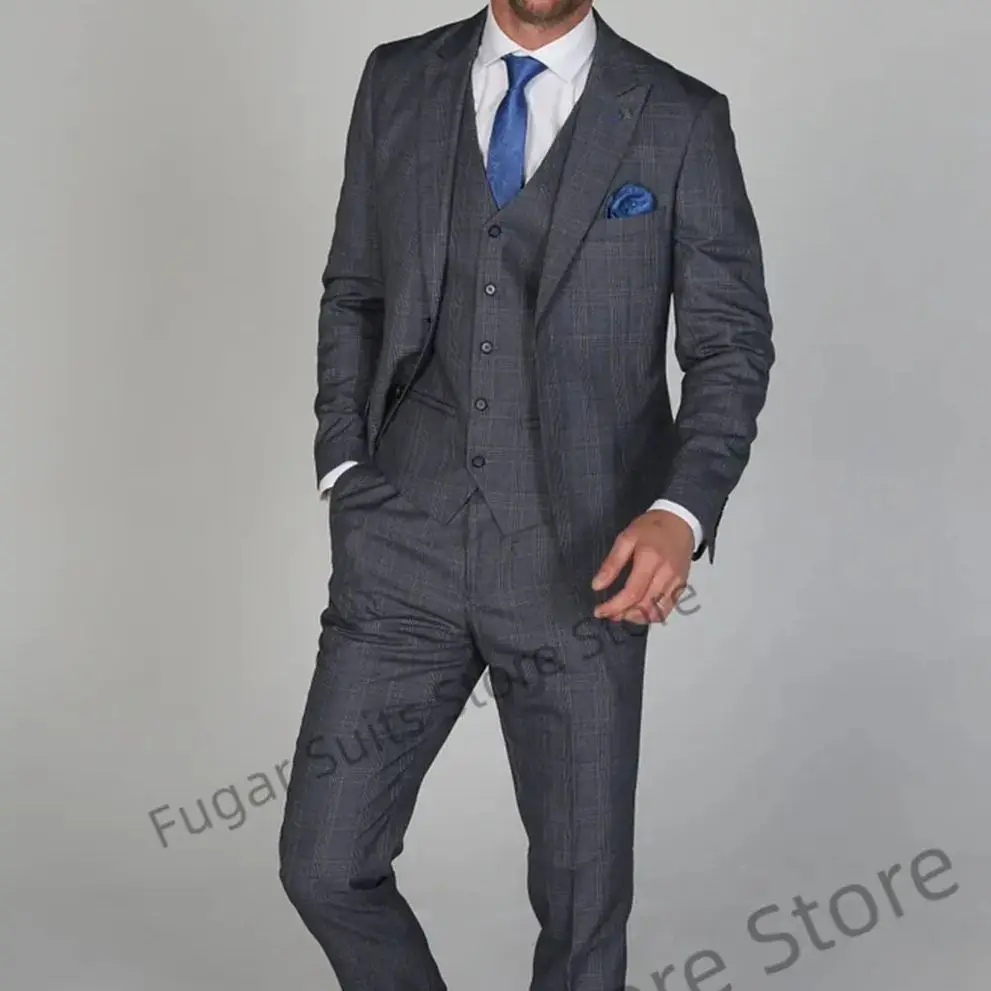 Business Navy Blue Plaid Elegant Men Suits Slim Fit Peak Lapel Groom Tuxedos Luxuly 3 Pieces(Blazer+Vest+Pants)Costume Homme