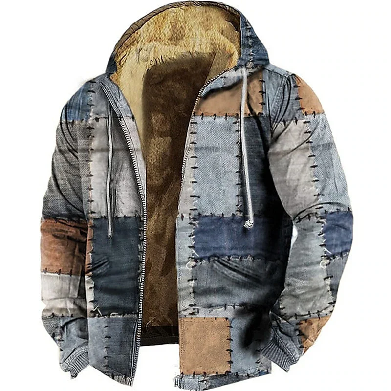 Men's Zipper Hoodies Fleece Parka Coat Sewing Patchwork Graphic Jacket Sweatshirts Outerwear Daily Hooded Zip-up Overcoat