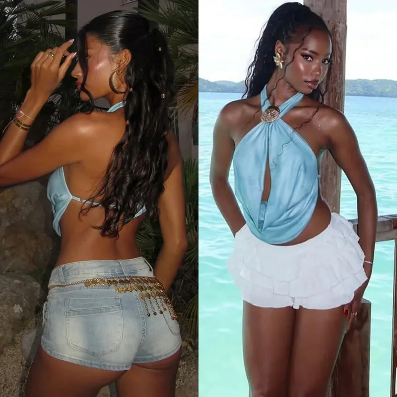 

Chic Sexy Satin Draped Halter Crop Top For Women Backless Silky Bow Design Sleeveless Vest For Summer Beach Party Holiday Look
