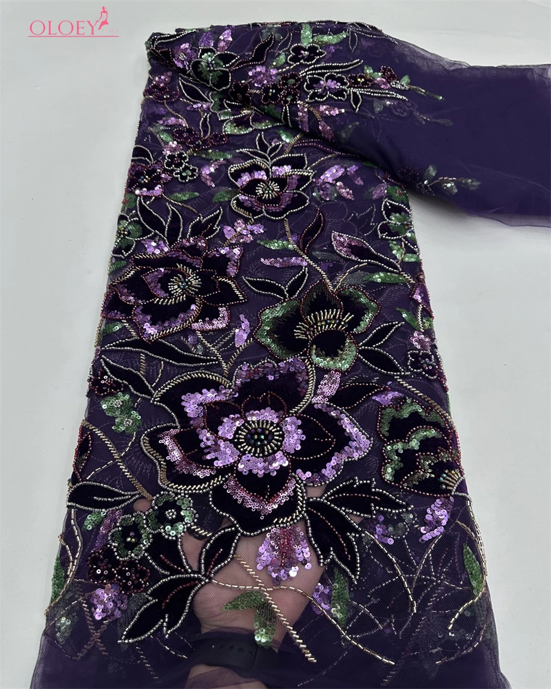 OLOEY  Luxury Velvet Lace Fabric Beaded High Quality Nigerian Beaded Lace Fabric Fashion Sequins African Laces Fabric For - Image 2