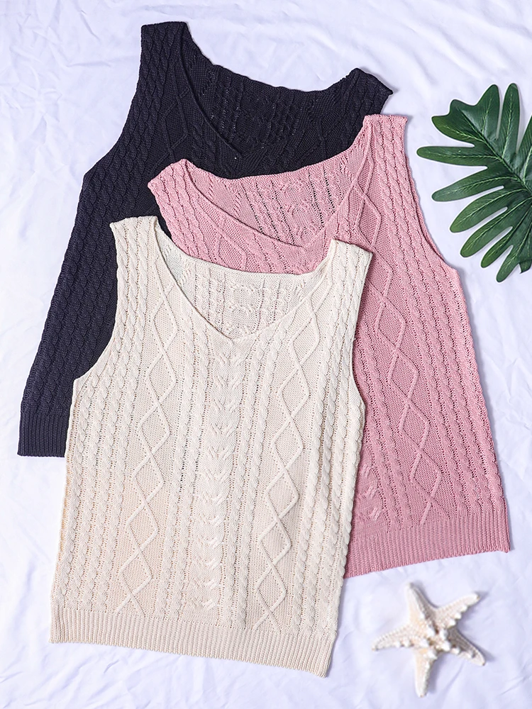Women's Summer Elegantly V-Neck Knit Vest Solid Top Diamond Twist Wear Casual Fashion Knitted Vest