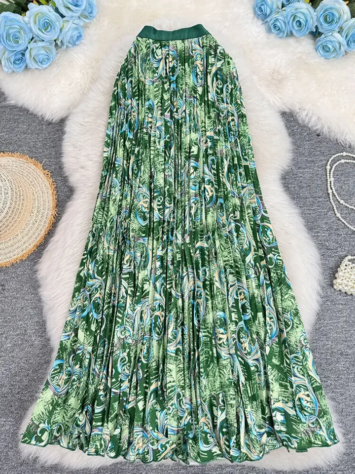 New 2026 Women Causal Printed Pleated Skirt Female Summer Holiday Elegant Versatile Long Skirt