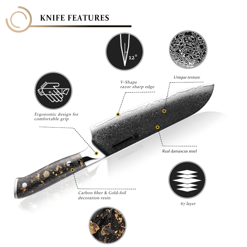 Grandsharp 7 Inch Santoku Knife 67 layers 10Cr15CoMov Damascus Steel Carbon Fiber& Gold-Foil Decoration Resin Handle Cook Cutter