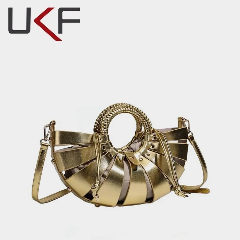 

UKF Casual Half Moon Bags For Women Luxury Designer Handbag Purses 2025 Hollow Top Handle With Inner Pocket Shoulder Bag