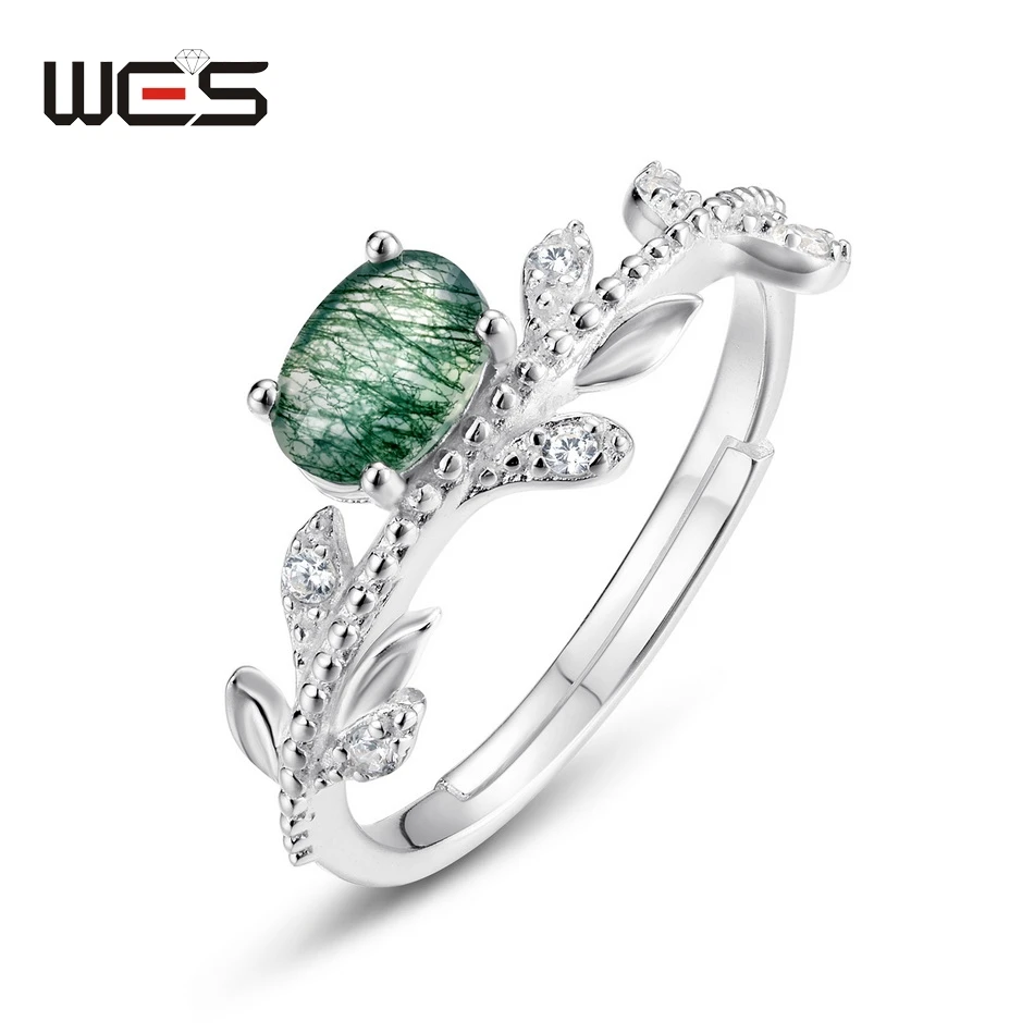 

WES 925 Sterling Silver 4*6mm Natural Moss Agate Open Ring for Woman Olive Branch Design Engagement Gift Wholesale Fine Jewelry