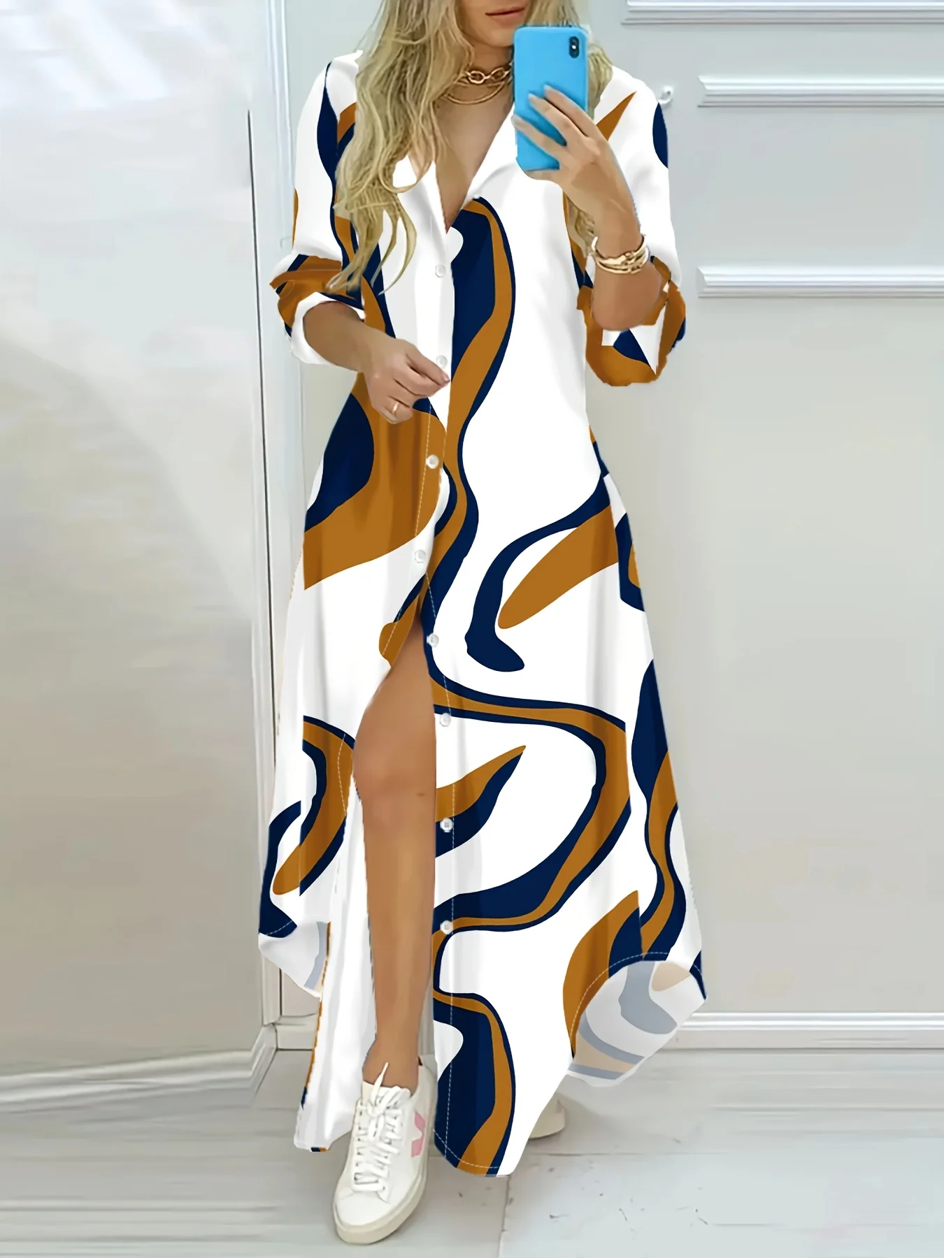 Lässiges Langarm-Kleid mit Abstraktem Wellendruck Fließendes A-Linien-Midikleid für Damen Herbst Winter 2024 Trendiges Mode-Outfit