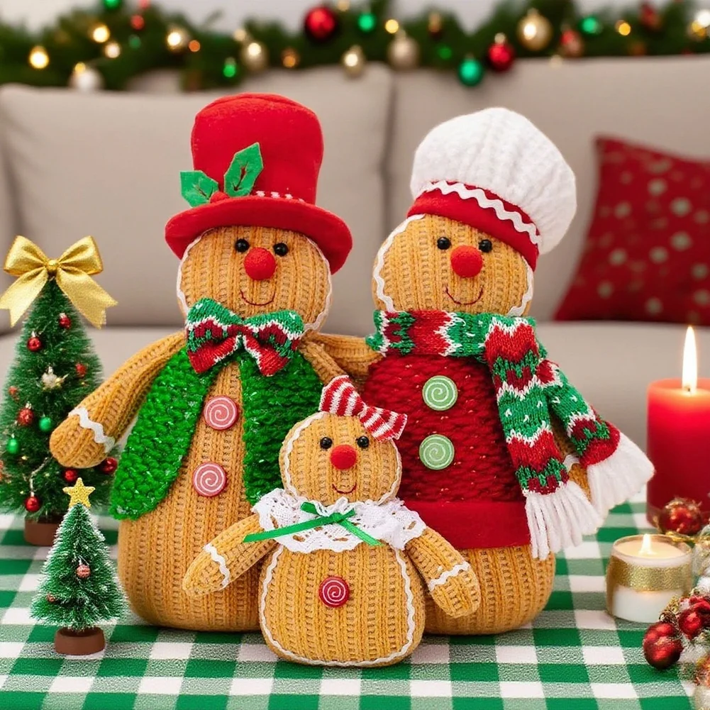 Christmas Cookie Character Family Set 30cm Red Polyester Standing Doll Figurines Festive Tabletop Party Decor Holiday Ornaments