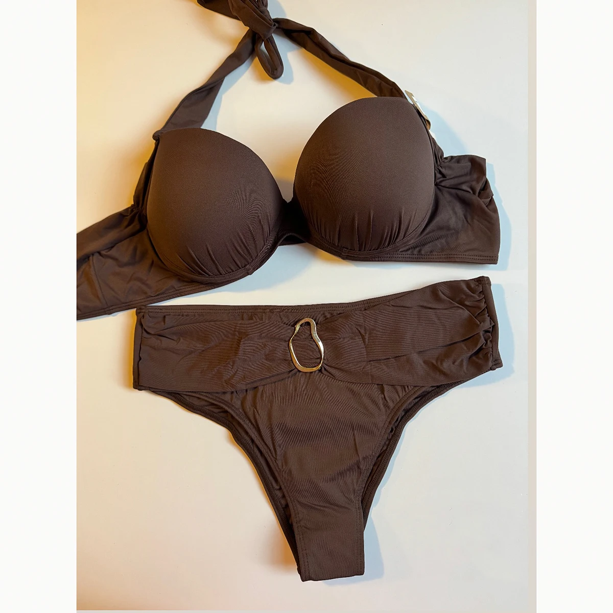 

Бикини с эффектом пуш-ап 2026, сексуальный женский купальник, женский однотонный комплект бикини, купальный костюм с рюшами, купальный костюм, пляжная одежда