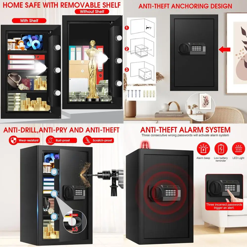 

Большой домашний сейф со съемными полками, сигнализацией, функцией отключения звука, защитой от огня и воды для документов