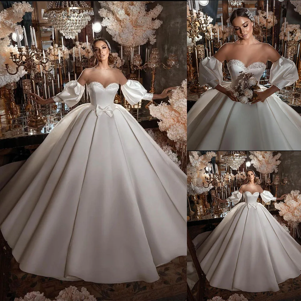 Princess Dubai Ball Gown Wedding Dress Satin Removable Sleeve Sweetheart Neck Crystal Saudi Arabic Bridal Gown