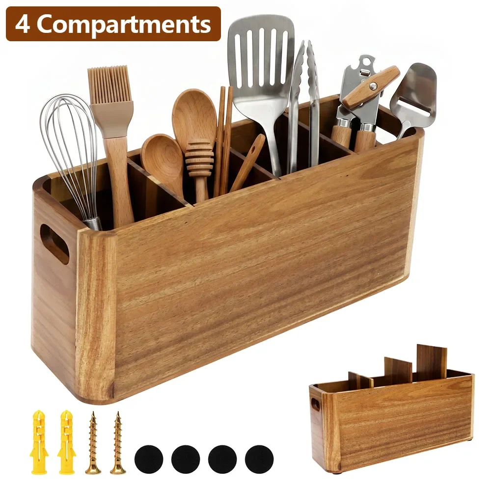 Wood Kitchen Utensil Holder 4 Compartments Tableware Stand with Drainage Holes Large Capacity Cooking Utensil Storage Organizer