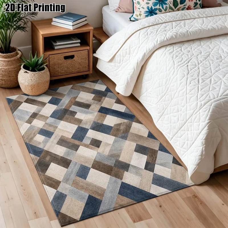 Large Indoor Area Rug, Soft Velvet Low Pile Machine Washable Modern Geometric Patchwork Floor Rug, Neutral Blue Brown Beige Tones, Suitable for Living Room Bedroom Entryway Dining Room
