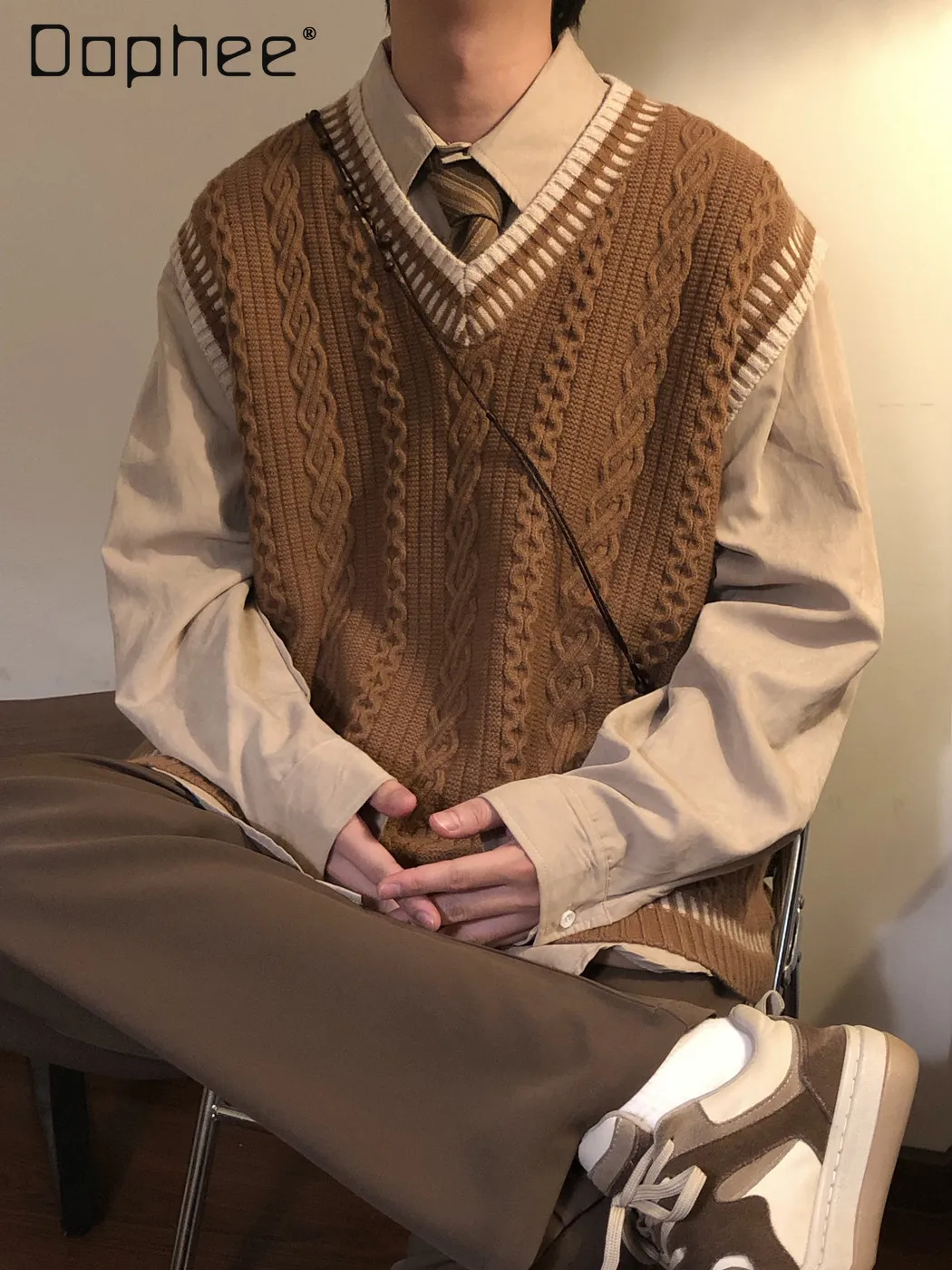 

Осенне-зимний свободный мужской свитер в японском студенческом стиле, кофейно-абрикосового цвета, с витым полосатым узором, универсальный повседневный черный жилет