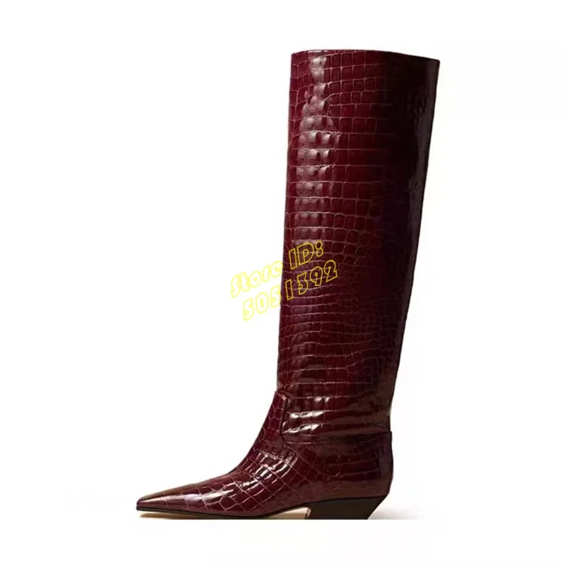 Crocdile Burgundy Leather Knee High Boots Small Square Toe Block Middle Heel Black Fashion 2025 Winter Autumn Women Dress Shoes