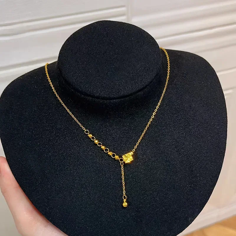 GoldEclat  9999 24K Real Gold Four-sided Broken Ice Clay Tassel Necklace Broken Gold Words Dance Beads Clavicle Chain Women's Gi