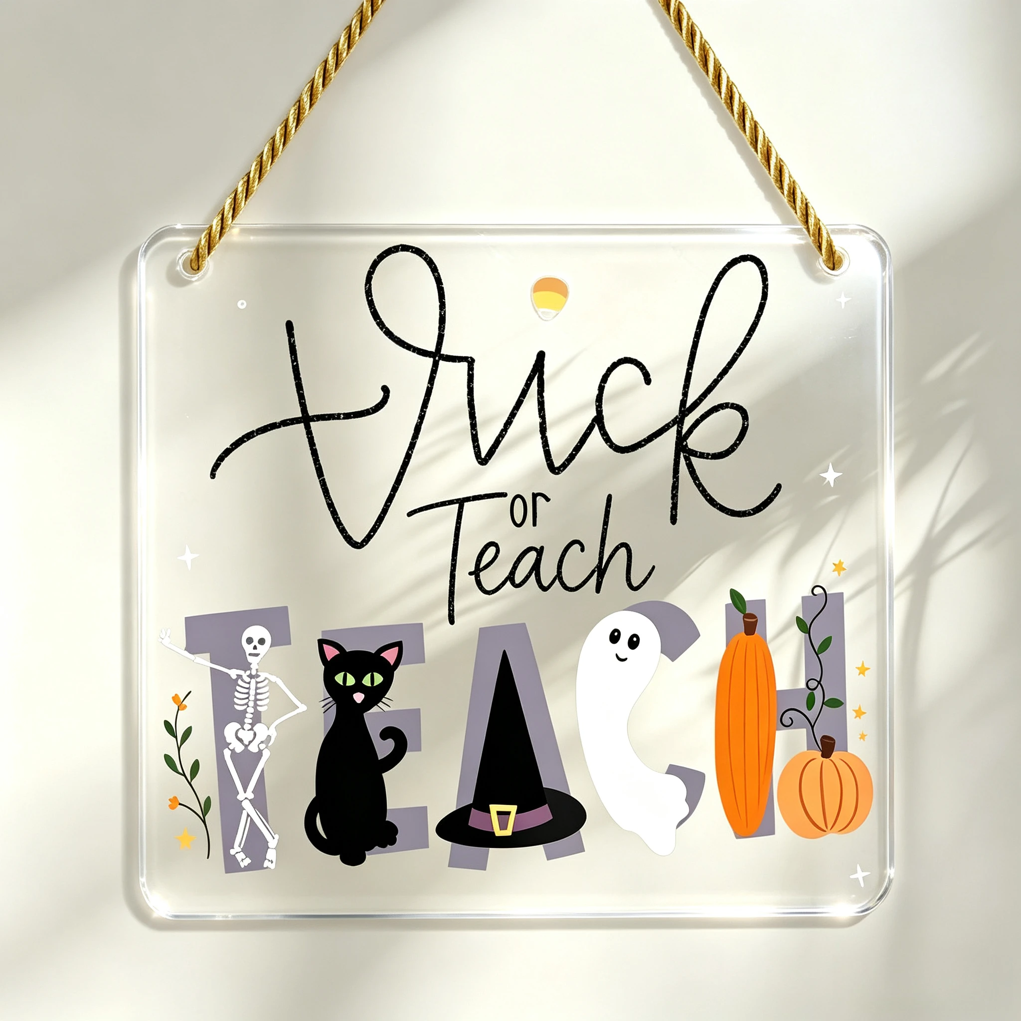 Teacher Halloween Square Acrylic Hanger, Witch Hat Pumpkin Spooky Fall Classroom Wall Ornament
