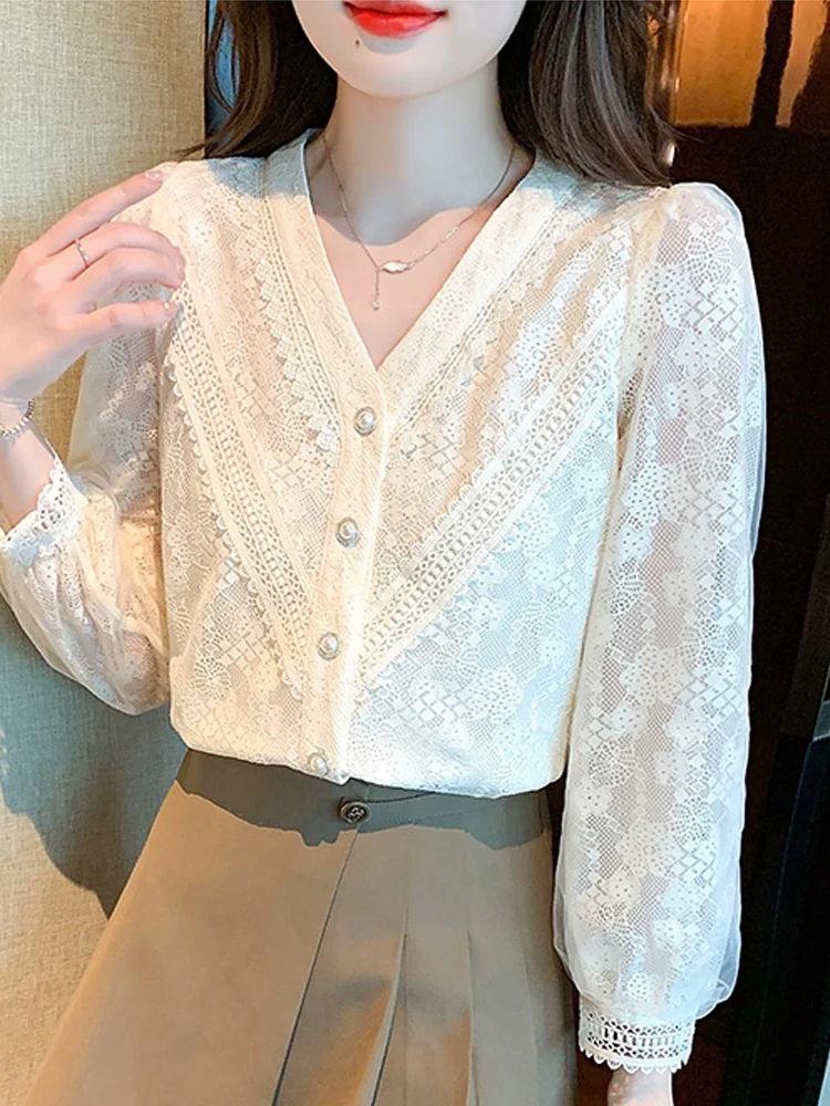 Long Sleeve White Blouse Women V-Neck Lace Blouse Shirt Women Tops Blusas Mujer De Moda 2024 Blouses Shirts Blusa Feminina G222