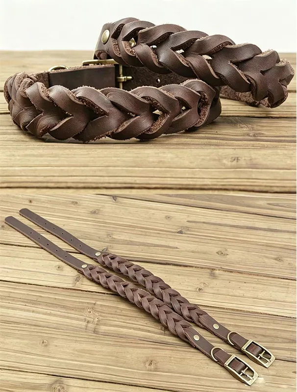 1Pcs Direct Sale Genuine Leather Braided Pet Collar and Leash Set for Small to Medium Dogs