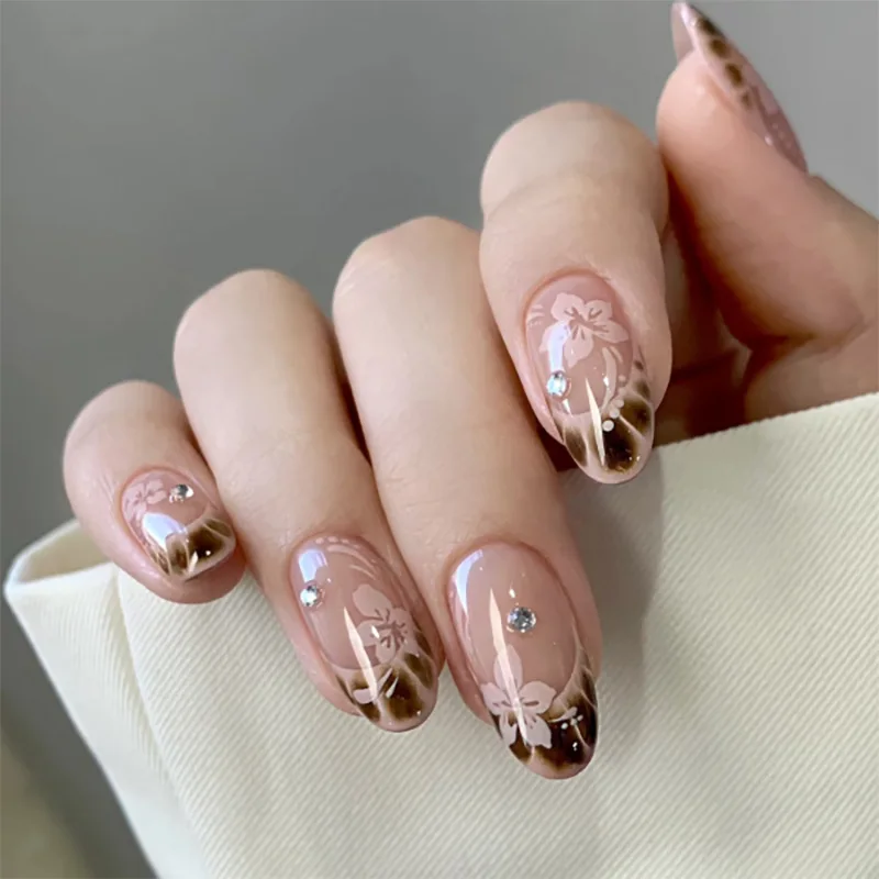 

24Pcs Short Almond Fake Nails Press on Brown Crack French Flower Design False Nail Art Rhinestone Reusable Full Cover Nails Tips