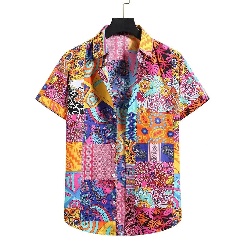 

Exquisite Retro Splicing Graphic Hawaiian Shirt For Men Flower 3D Printed Short Sleeves Summer Button Blouses Lapel Aloha Shirts