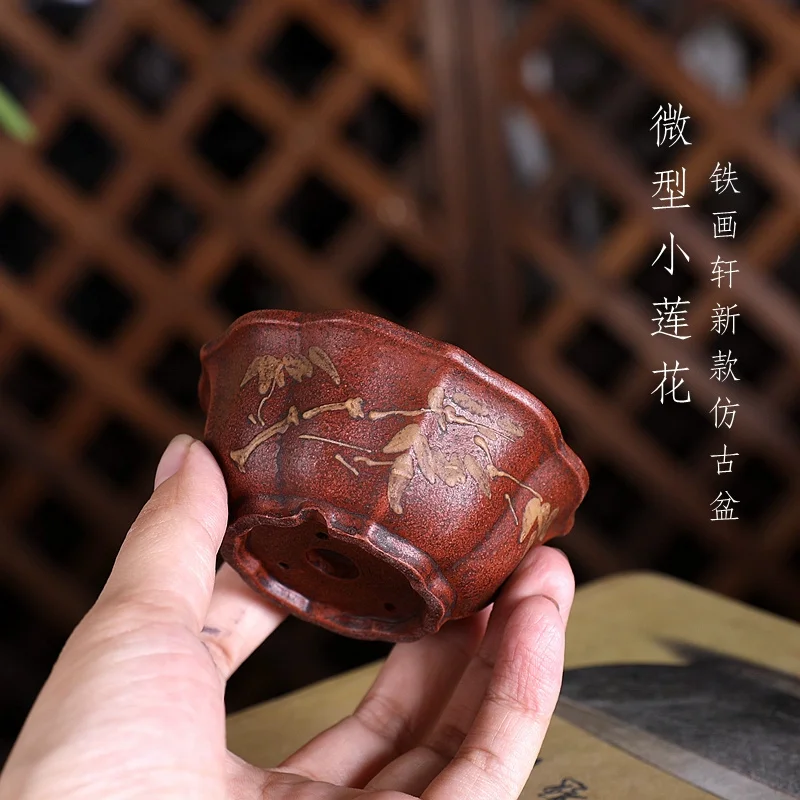 Ceramic Lotus Shape Bonsai Pot, Circle Paint, Handmade Small Vase,Chinese Pattern,Home Room Table, Garden Decoration