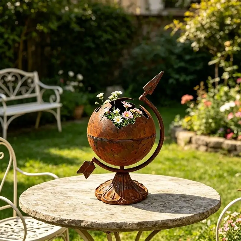 Iron Flower Pot with a Brown Antique Finish, Decorative Raised Stand, and Hollow Out Opening Design for Live Flowers 87HA