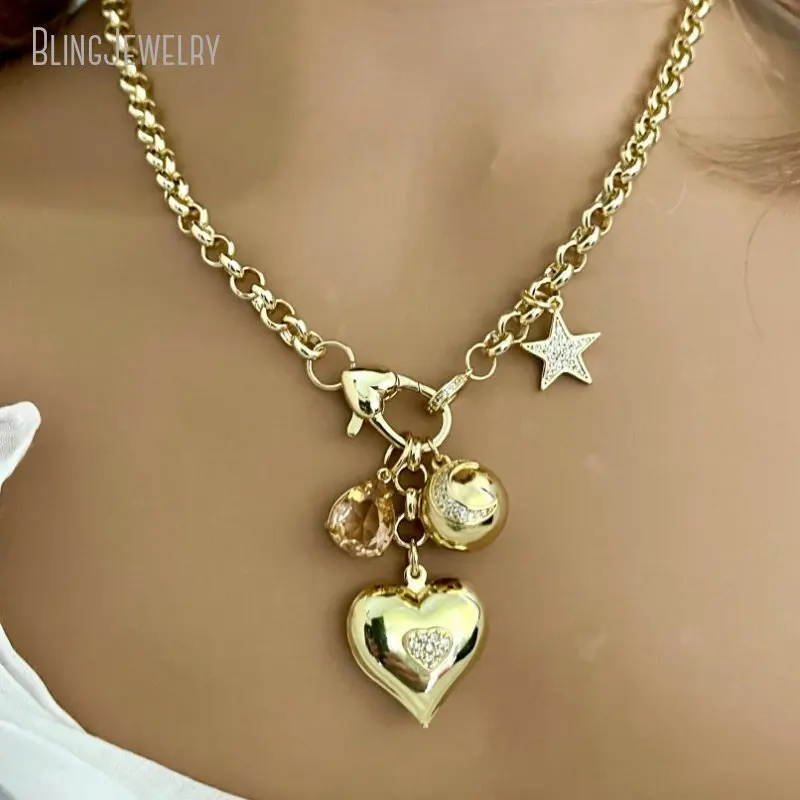 

10pcs Women Jewelry Gold Color Multi Charm Necklace Peach Crystal Pendant Moon Heart Pendant CZ Star Charm Rolo Chain Jewelry