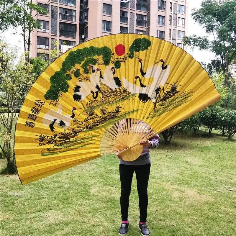 Oversize Decorative Crane Fan Retro Handmade Wall Mount Cloth Folding Fan Home Living Room Fans Handcrafted Gift Decorative Fan